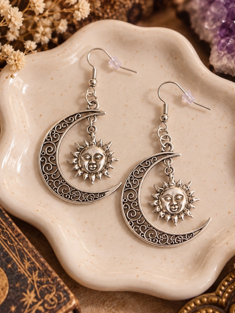 Bohemian Silver Sun & Crescent Moon Dangle Drop Earrings New